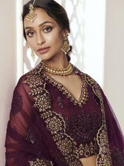 Wine Heavy Thread Coding Work Net Bridal Lehenga Choli
