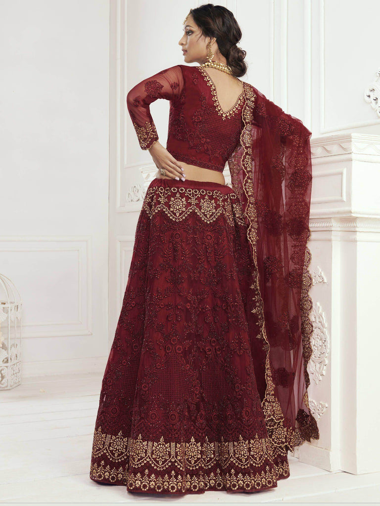 Maroon Heavy Thread Coding Work Net Bridal Lehenga Choli