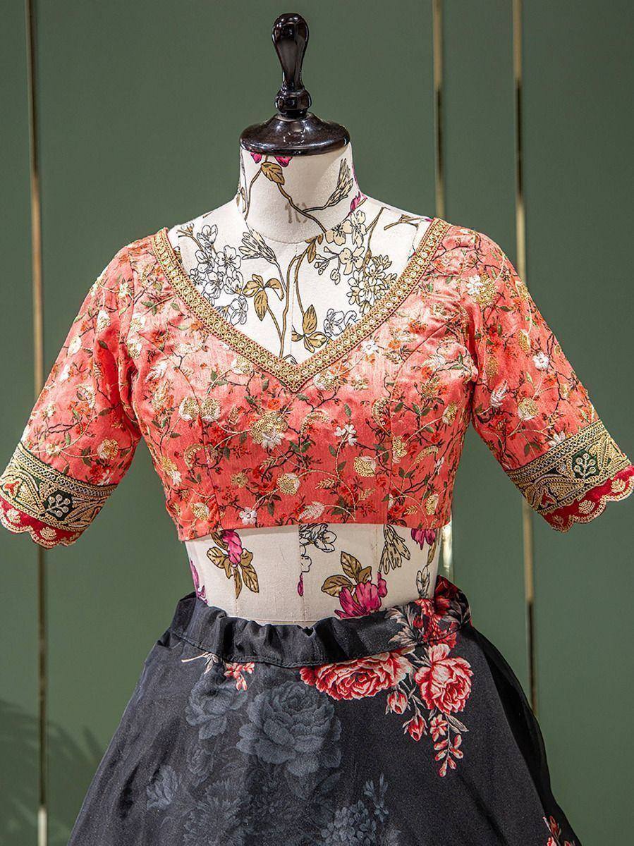 Floral print ethnic lehenga choli with embroidered neckline and sleeves, perfect for Indian occasions
