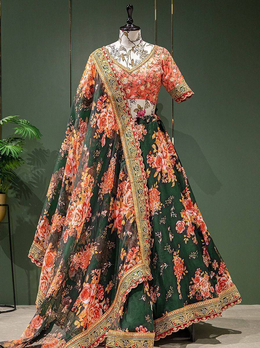 Floral print lehenga choli with gold border, Indian ethnic wear for women