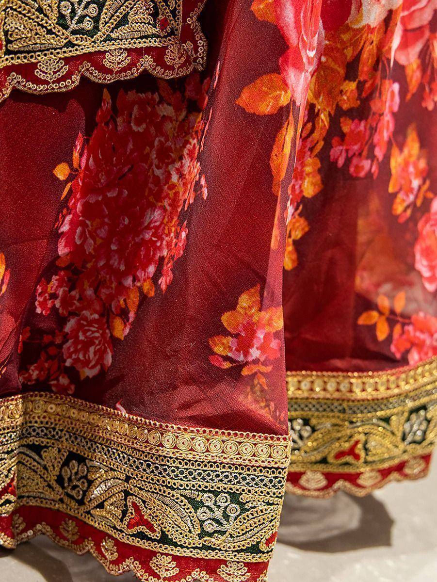 Red floral lehenga with gold embroidery and scalloped border, ethnic Indian wear