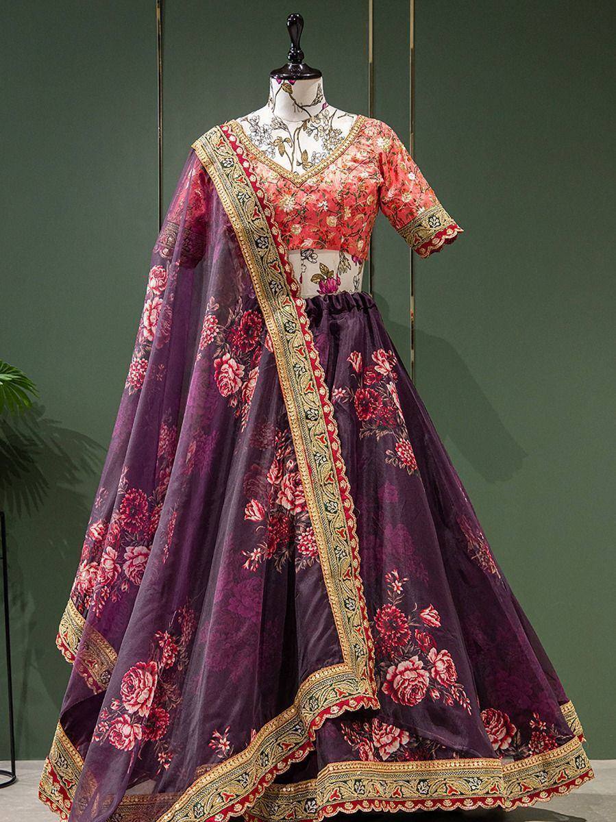 Purple floral lehenga choli with gold border, Indian ethnic wear for weddings and festivals