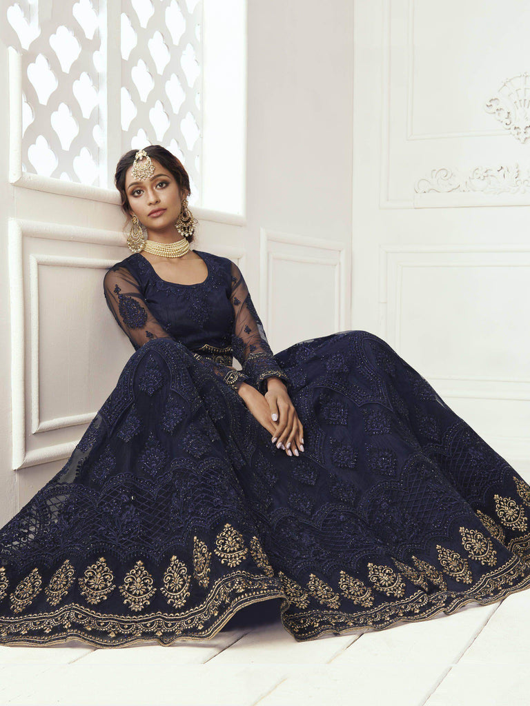 Navy Blue Zari Embroidered Coding Net Bridal Wear Lehenga Choli