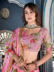 Marvelous Pink Floral Printed Crushed Chinon Lehenga Choli