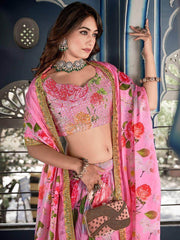 Marvelous Pink Floral Printed Crushed Chinon Lehenga Choli