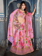Marvelous Pink Floral Printed Crushed Chinon Lehenga Choli