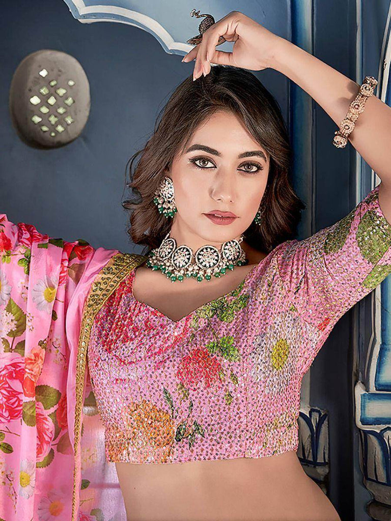 Marvelous Pink Floral Printed Crushed Chinon Lehenga Choli