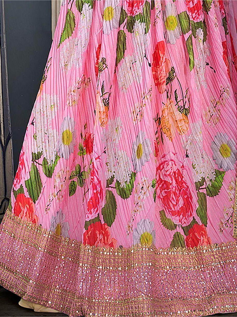 Marvelous Pink Floral Printed Crushed Chinon Lehenga Choli
