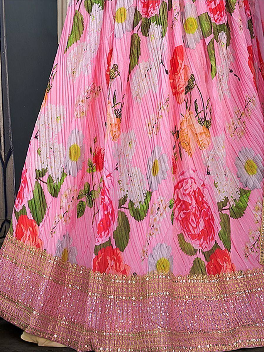 Pink floral pleated lehenga with sequin border, Indian ethnic wear