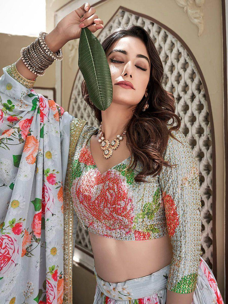 Fascinating Sky Blue Floral Printed Crushed Chinon Lehenga Choli