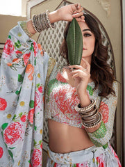 Fascinating Sky Blue Floral Printed Crushed Chinon Lehenga Choli