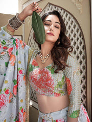 Fascinating Sky Blue Floral Printed Crushed Chinon Lehenga Choli