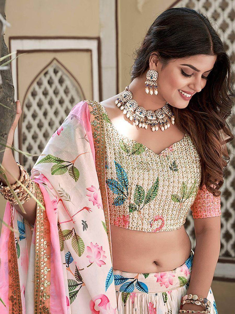 Seductive White Digital Printed Crushed Chinon Lehenga Choli