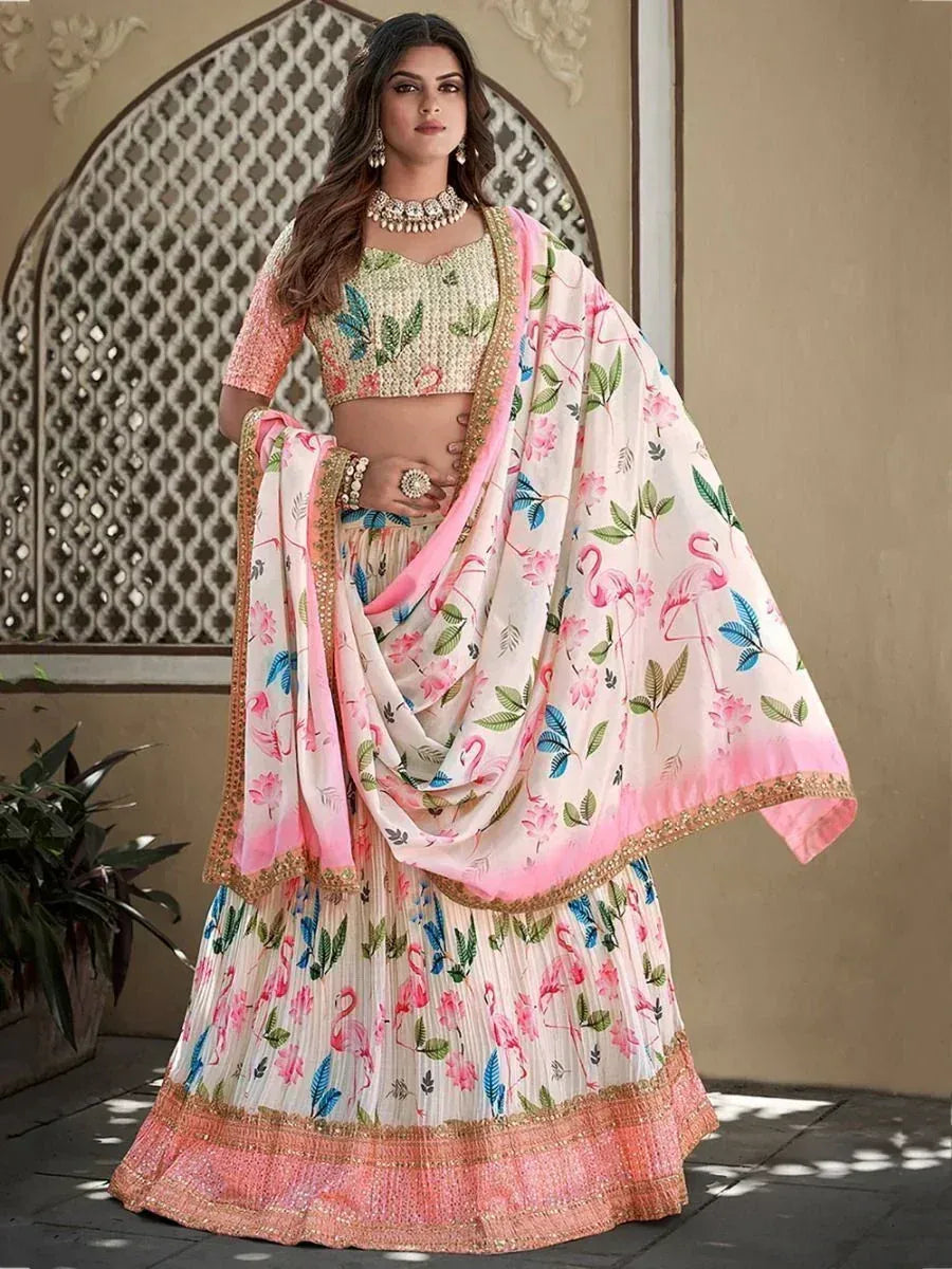 Floral flamingo print lehenga choli with gold trim, perfect for Indian ethnic wear occasions