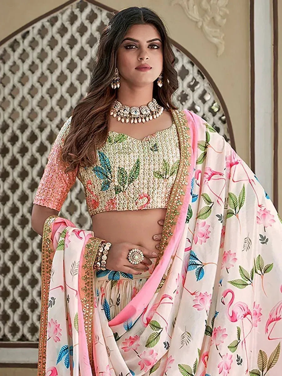Floral print lehenga choli with flamingo design, ethnic wear for women, designer Indian outfit