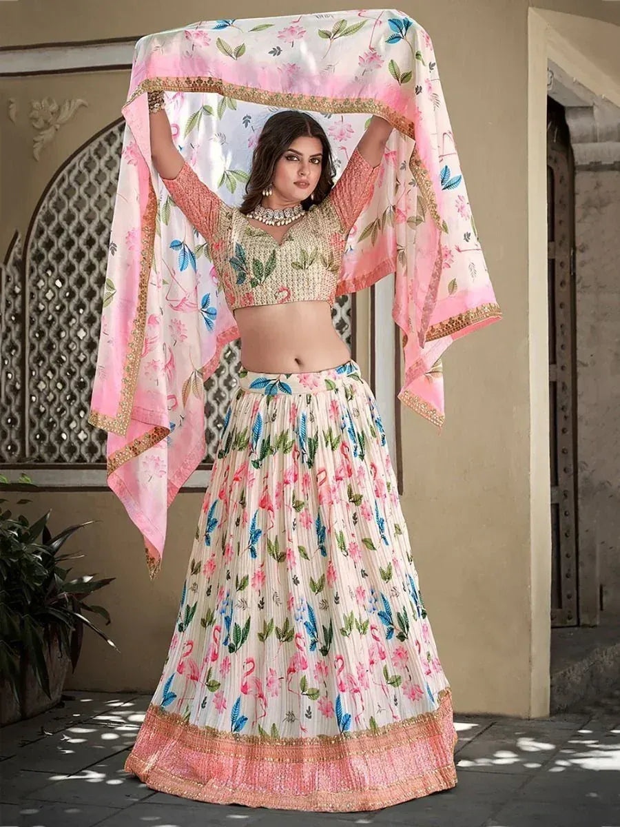 Floral print lehenga choli with pink dupatta, ethnic Indian wear for women