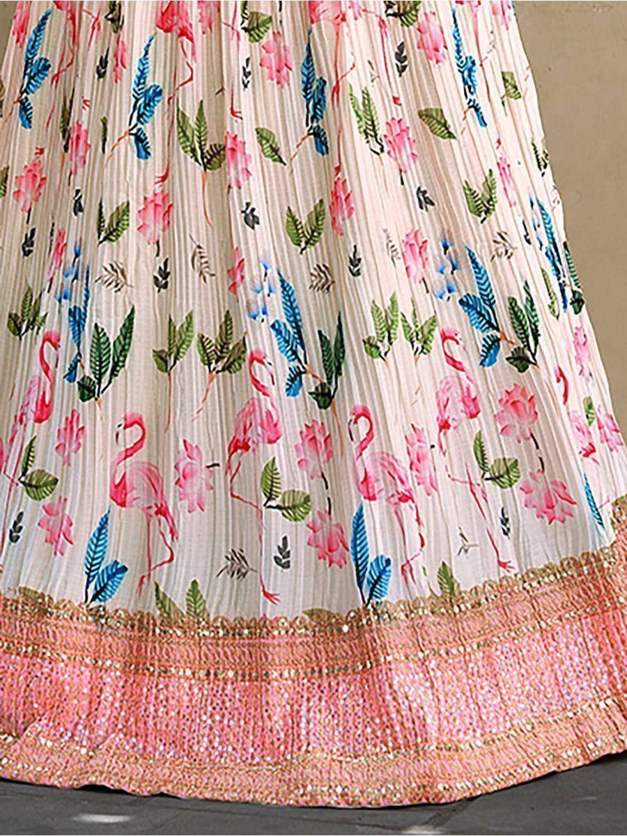 Floral and flamingo print pleated lehenga skirt with sequin border, ethnic wear
