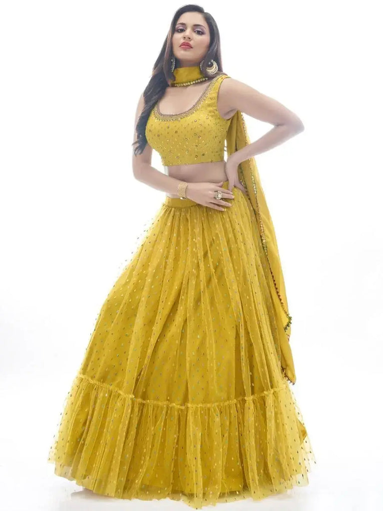 Delightful Mustard Yellow Ruffle Work Soft Net Lehenga Choli