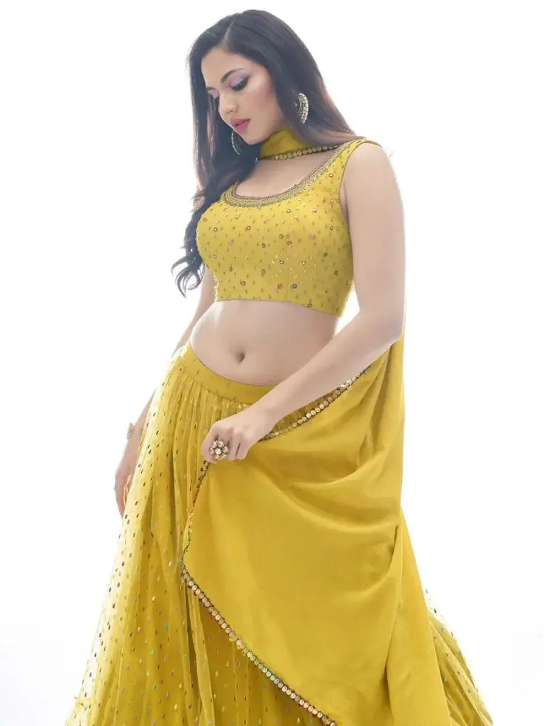 Delightful Mustard Yellow Ruffle Work Soft Net Lehenga Choli