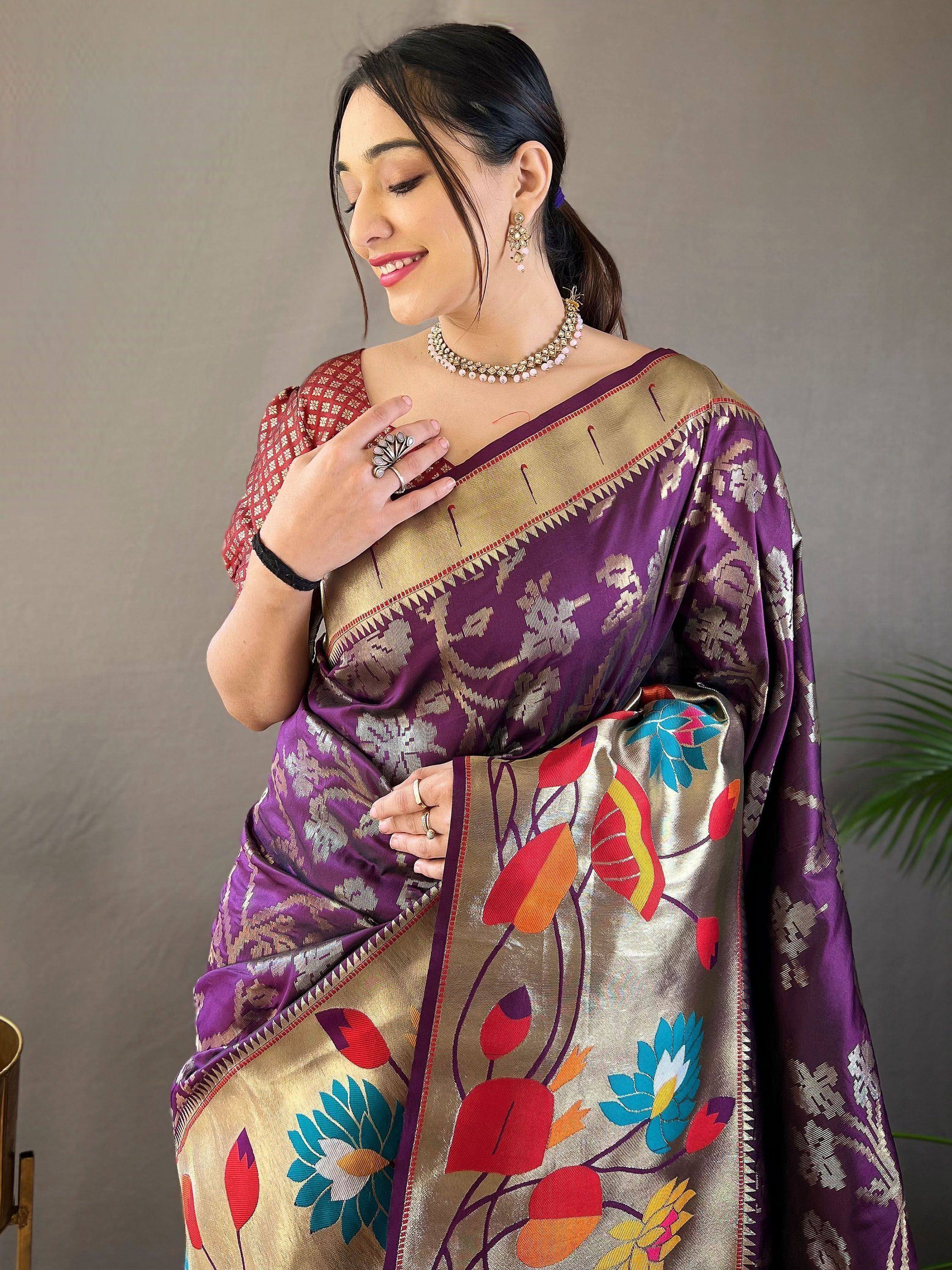 Purple and gold floral print saree with embroidered blouse, traditional Indian ethnic wear