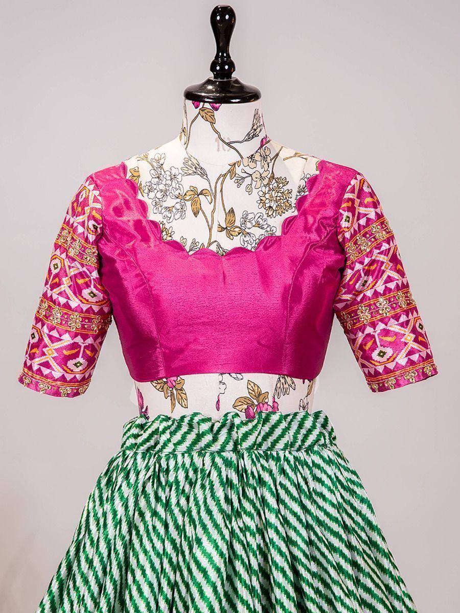 Pink embroidered blouse with green ikat skirt, Indian ethnic wear for women