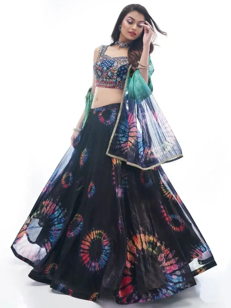 Stunning Navy Blue Thread Embroidery Chiffon Lehenga Choli