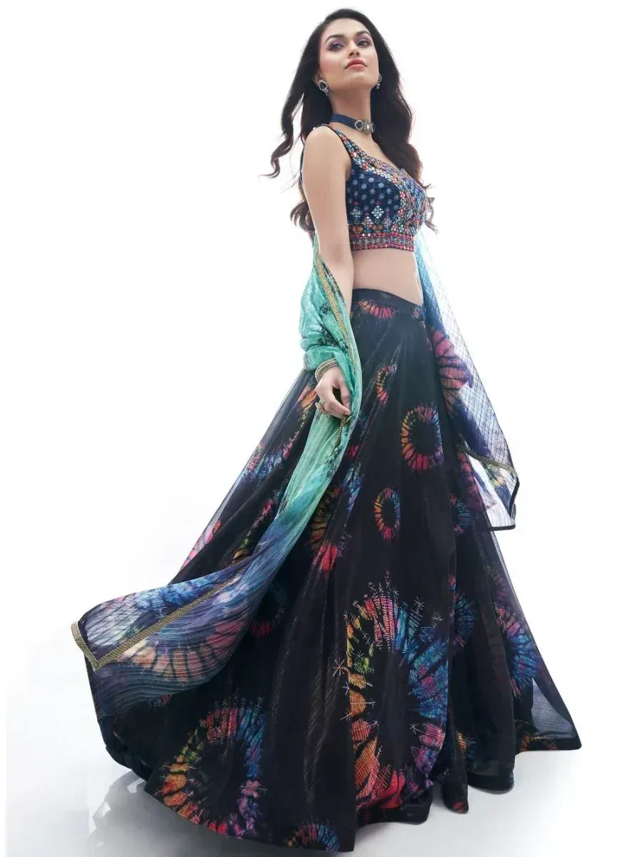 Black tie-dye lehenga choli with embroidered blouse and sheer dupatta, Indian ethnic wear