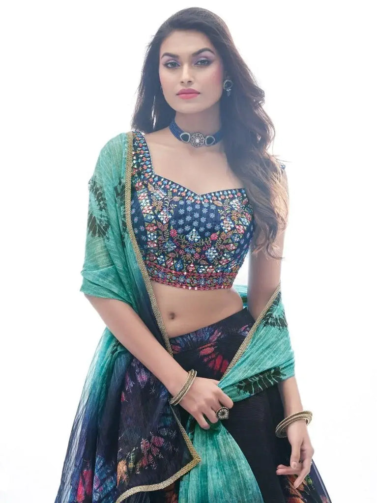 Stunning Navy Blue Thread Embroidery Chiffon Lehenga Choli