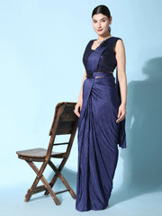Fabulous Blue Sequins Work Crushed Ready To Wear Saree With Blouse