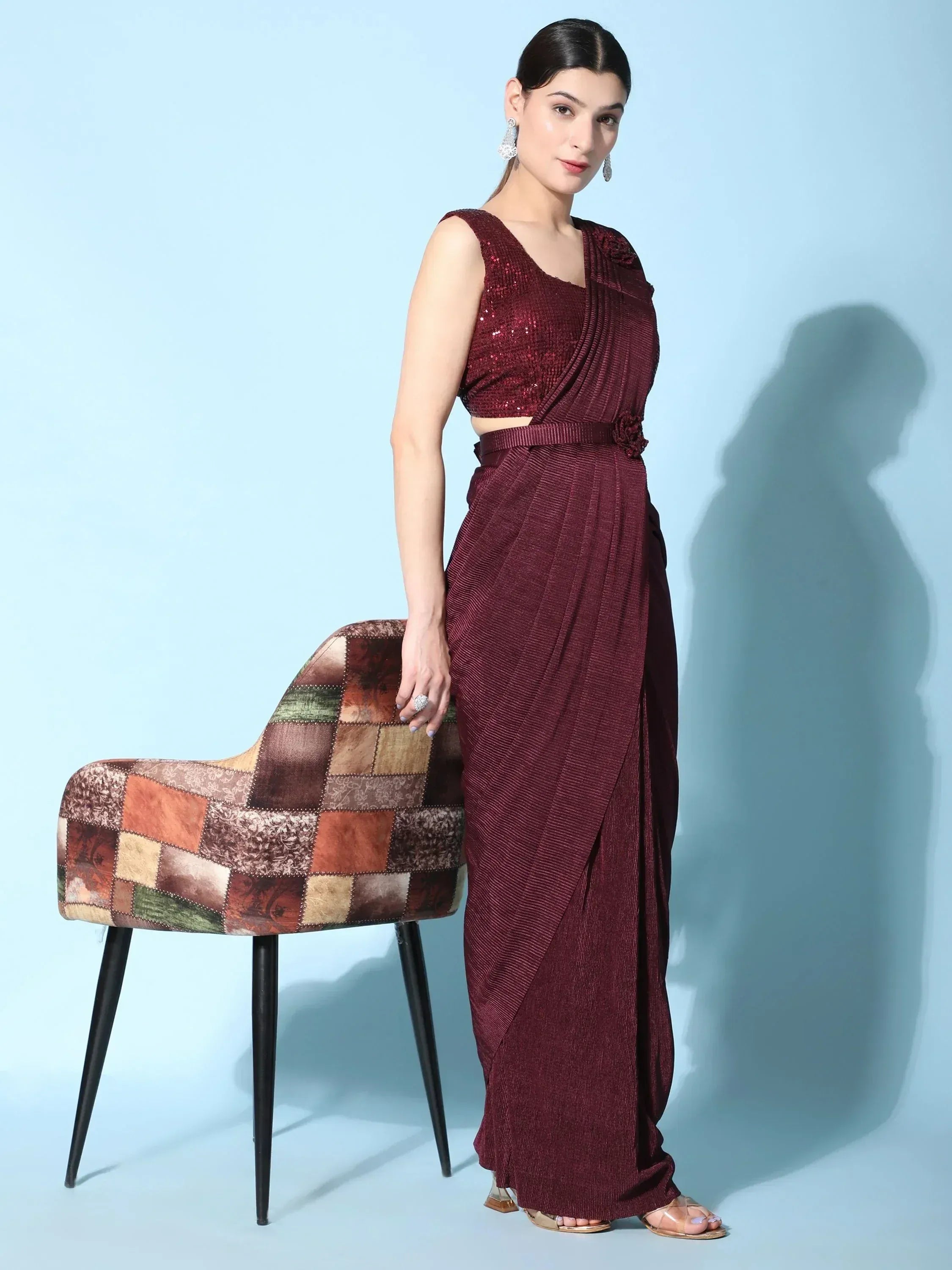 Maroon sequin crop top with drape saree pants, Indian ethnic wear for women