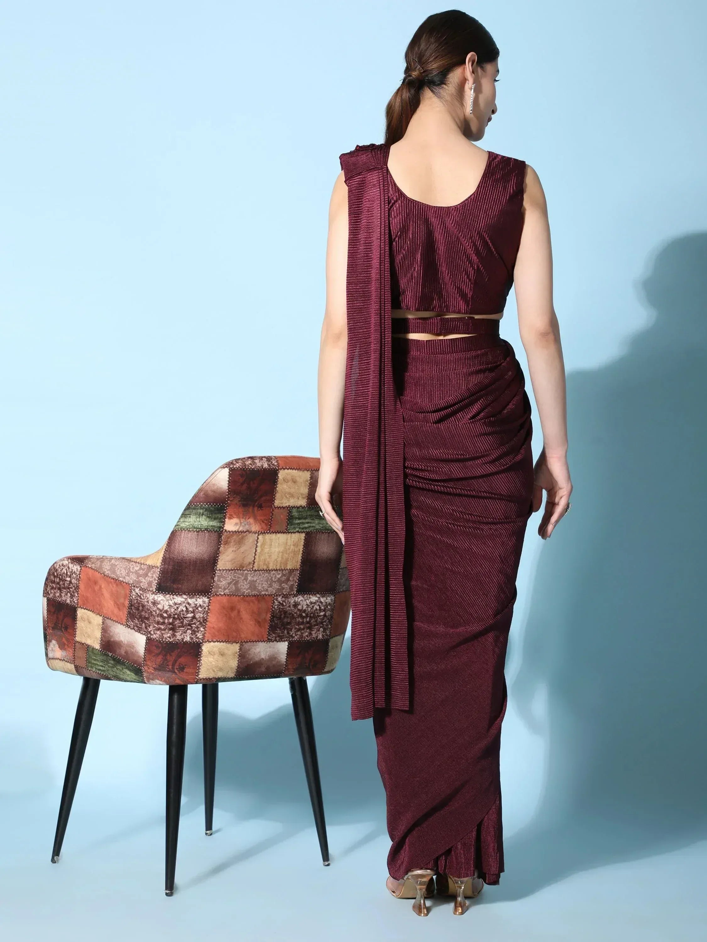 Maroon pleated saree with backless blouse, ethnic wear for women