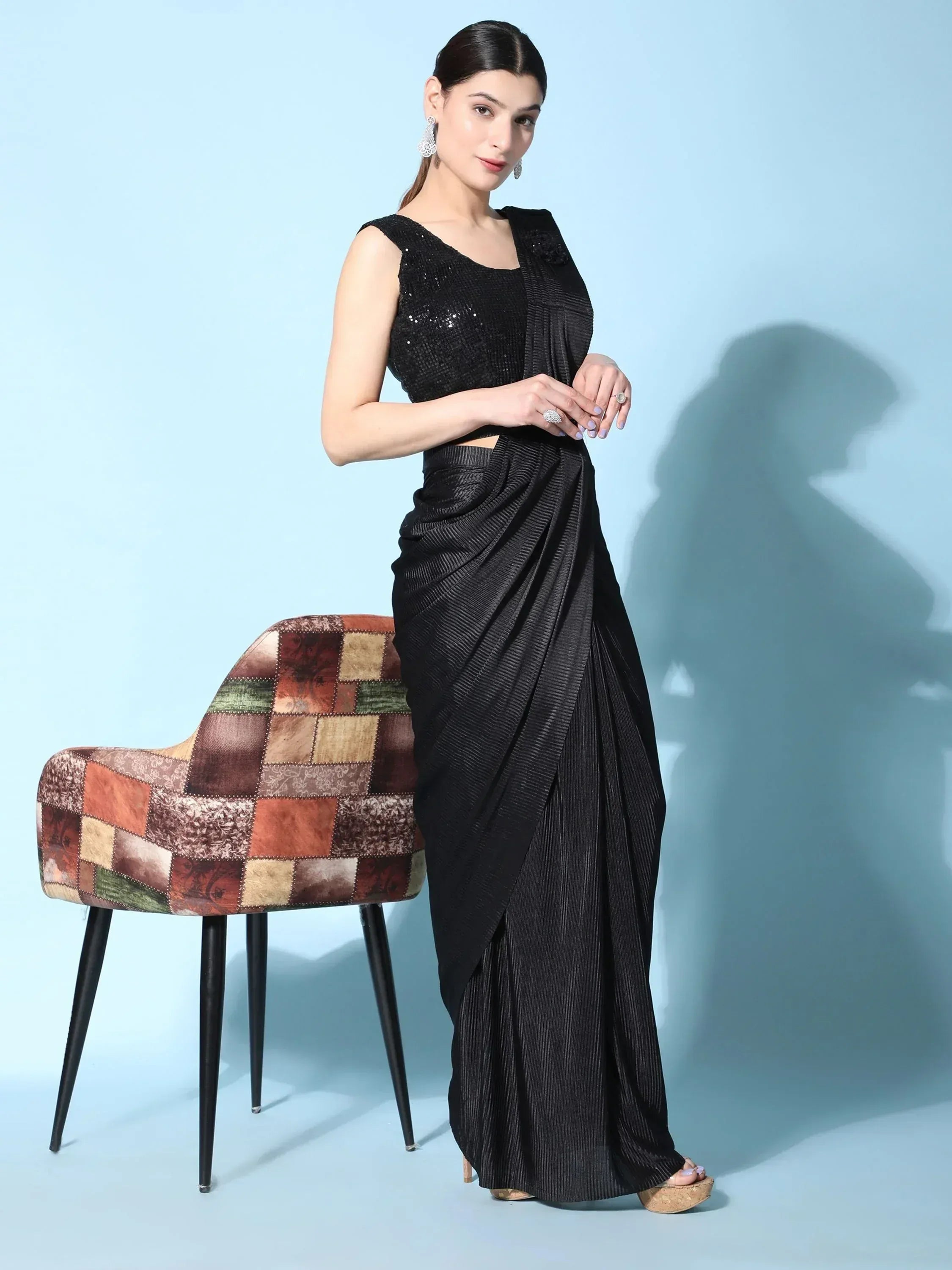 Black pleated saree with sequin blouse, ethnic Indian wear for women