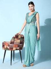 Lovely Aqua Blue Sequins Work Crushed Ready To Wear Saree With Blouse