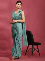 Lovely Aqua Blue Sequins Work Crushed Ready To Wear Saree With Blouse