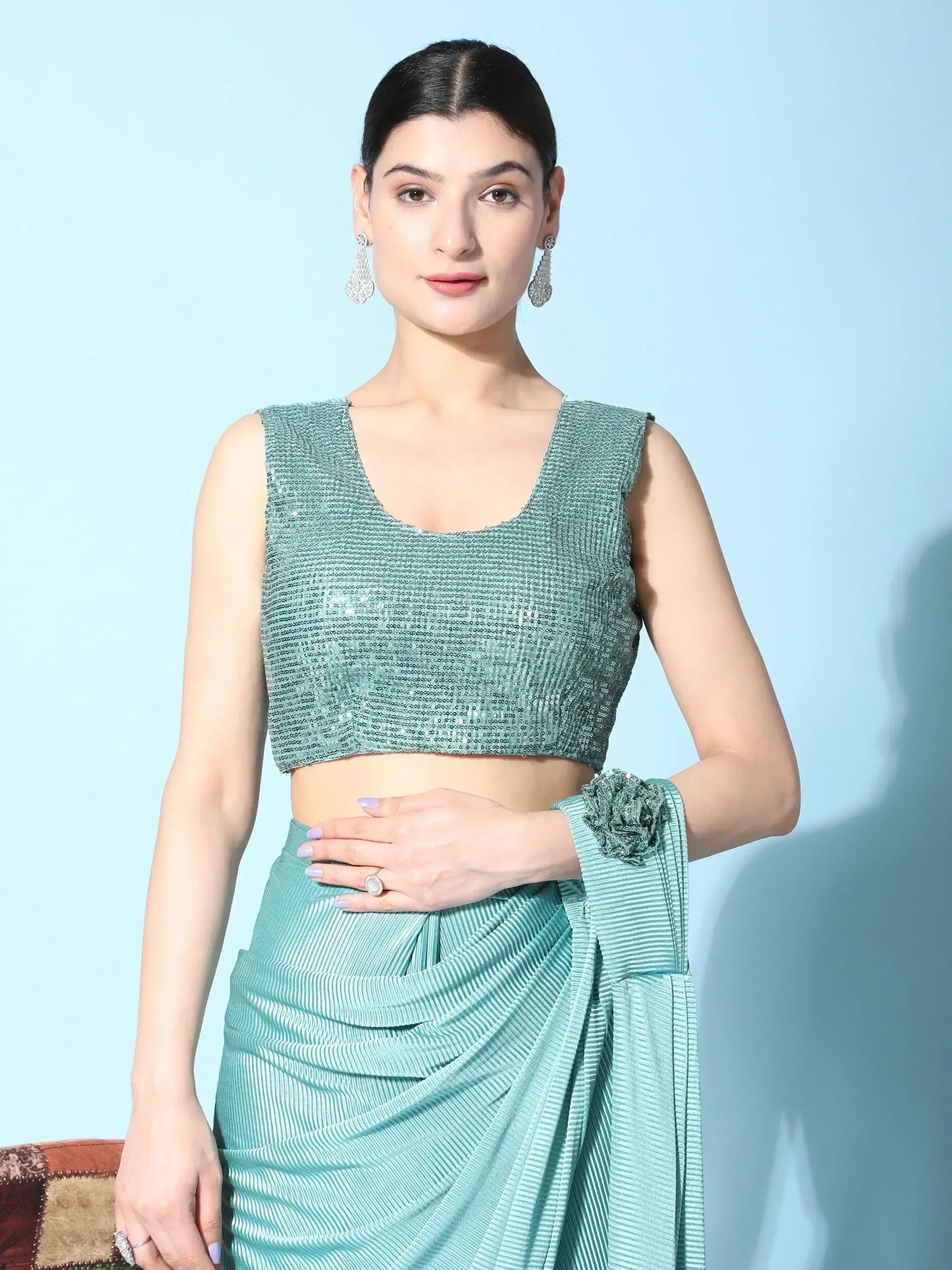 Mint green sequin crop top with pleated drape skirt, Indian ethnic wear for women