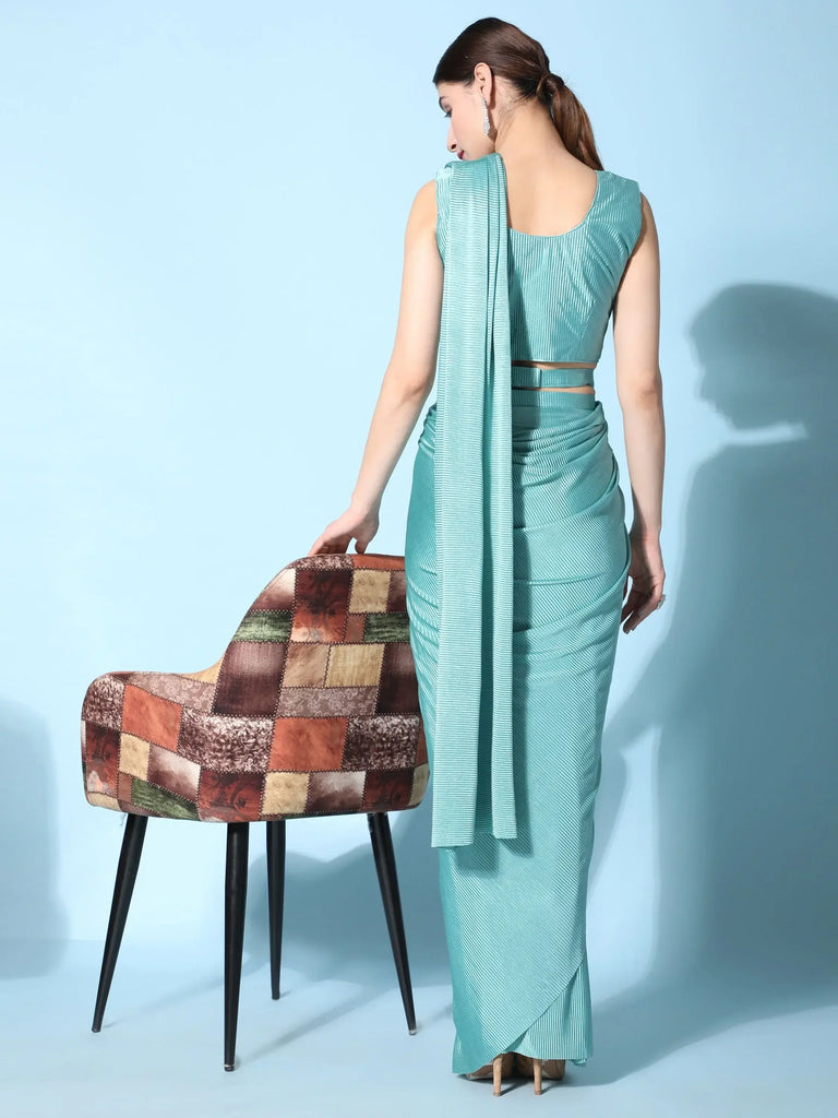 Lovely Aqua Blue Sequins Work Crushed Ready To Wear Saree With Blouse