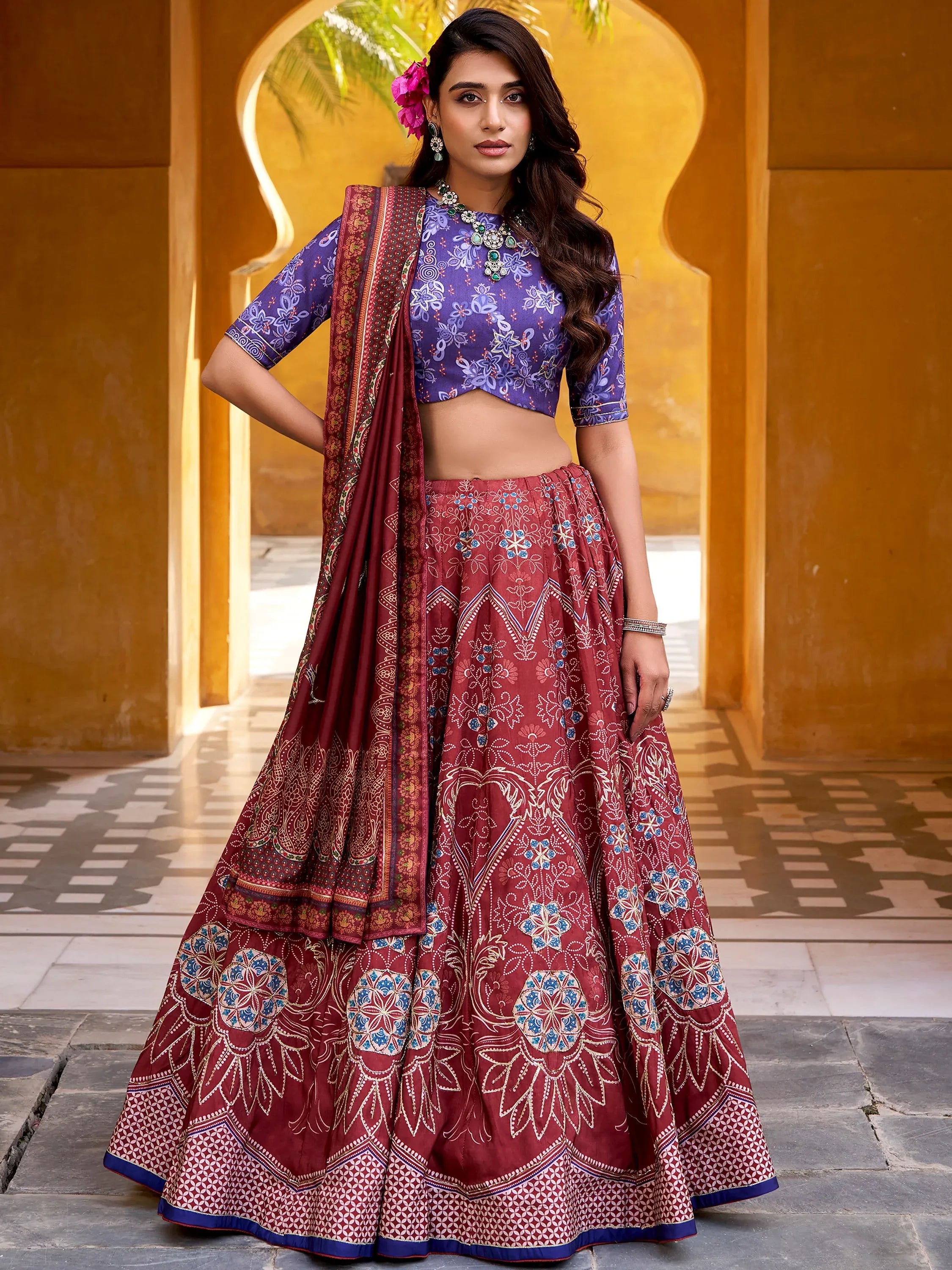 Stunning Maroon Digital Printed Silk Traditional Lehenga Choli
