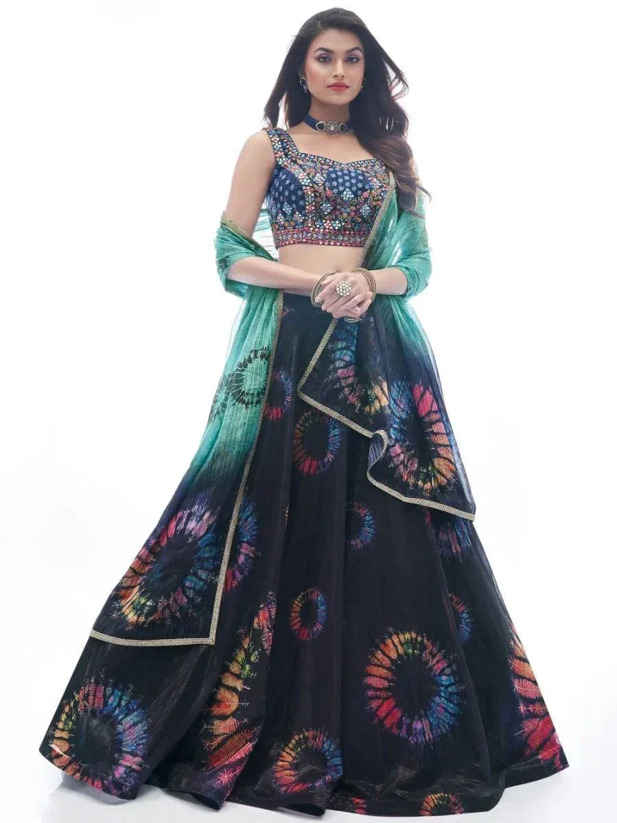 Black tie-dye lehenga choli with embroidered blouse and green dupatta, Indian ethnic wear
