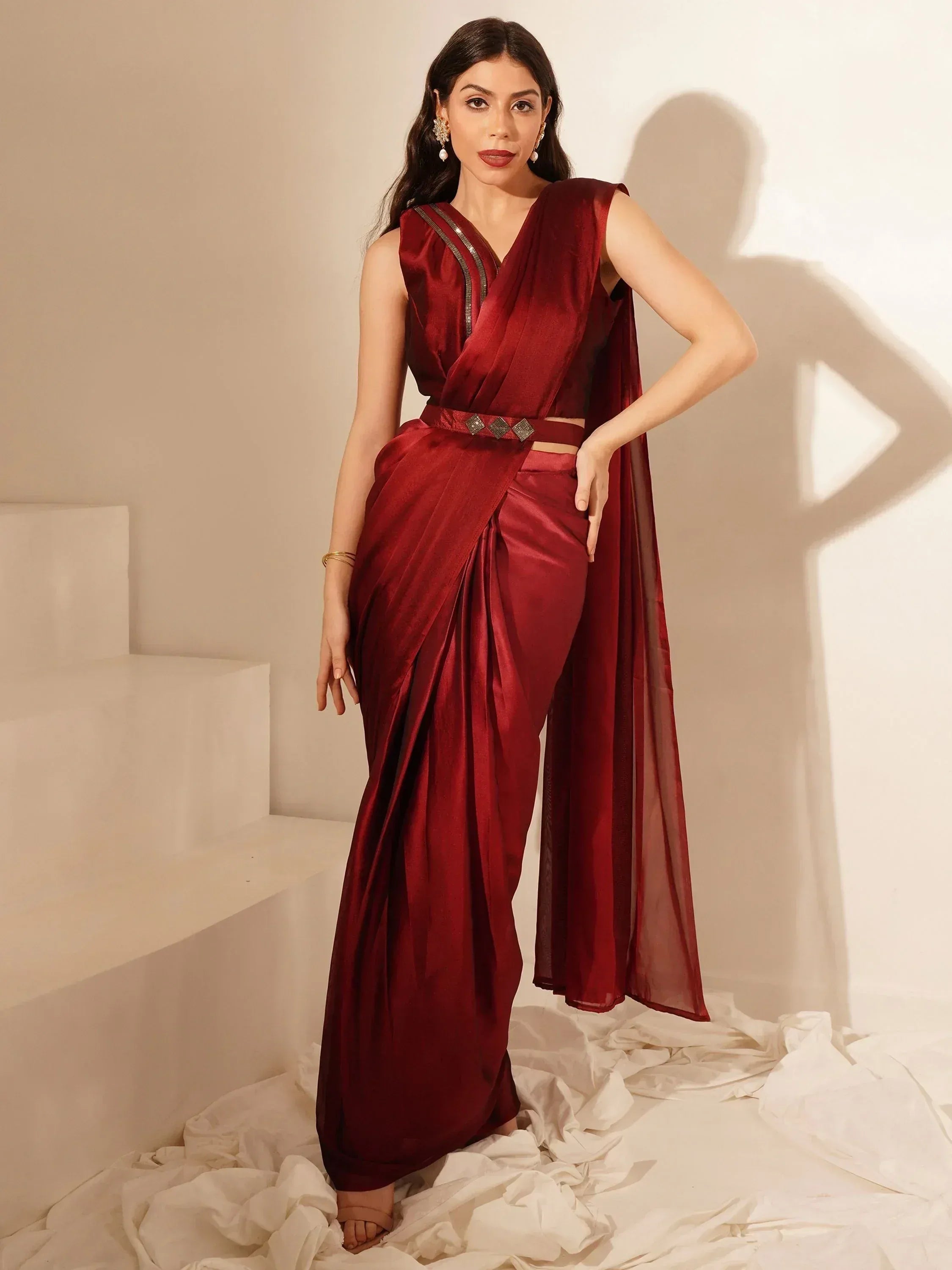 Burgundy satin drape saree with embellished belt, ethnic wear for women