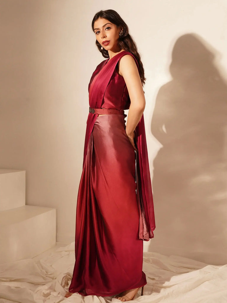Adorable Maroon Chinon Ready To Wear Saree With Blouse