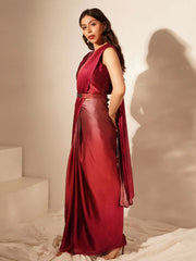 Adorable Maroon Chinon Ready To Wear Saree With Blouse