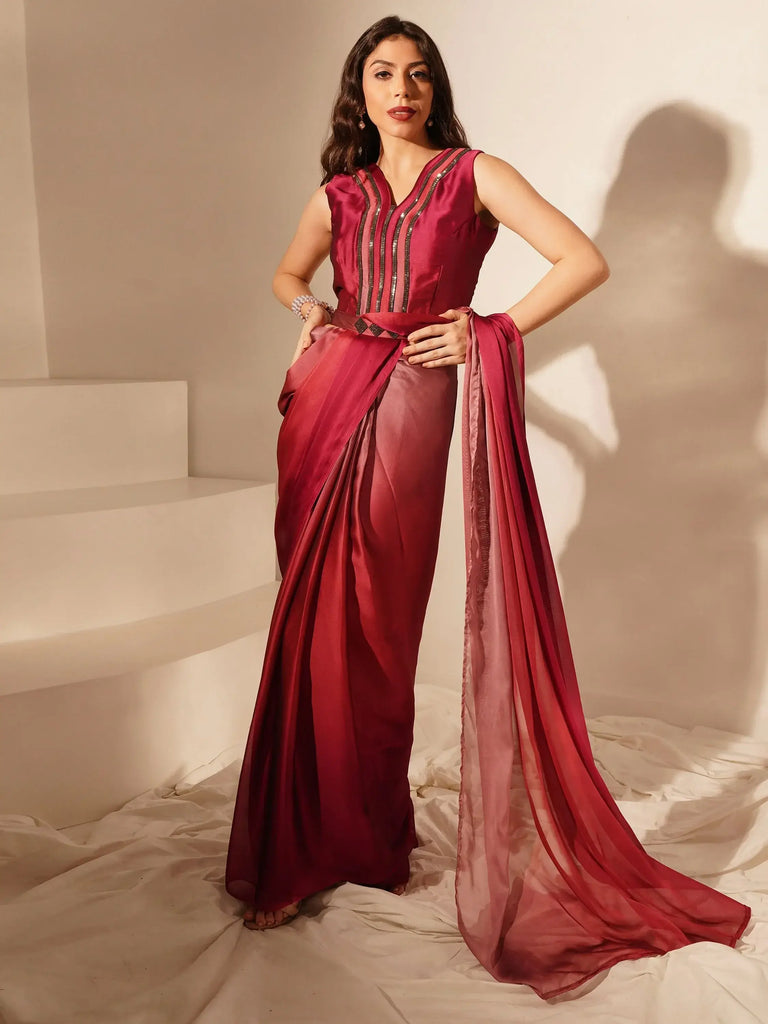 Adorable Maroon Chinon Ready To Wear Saree With Blouse