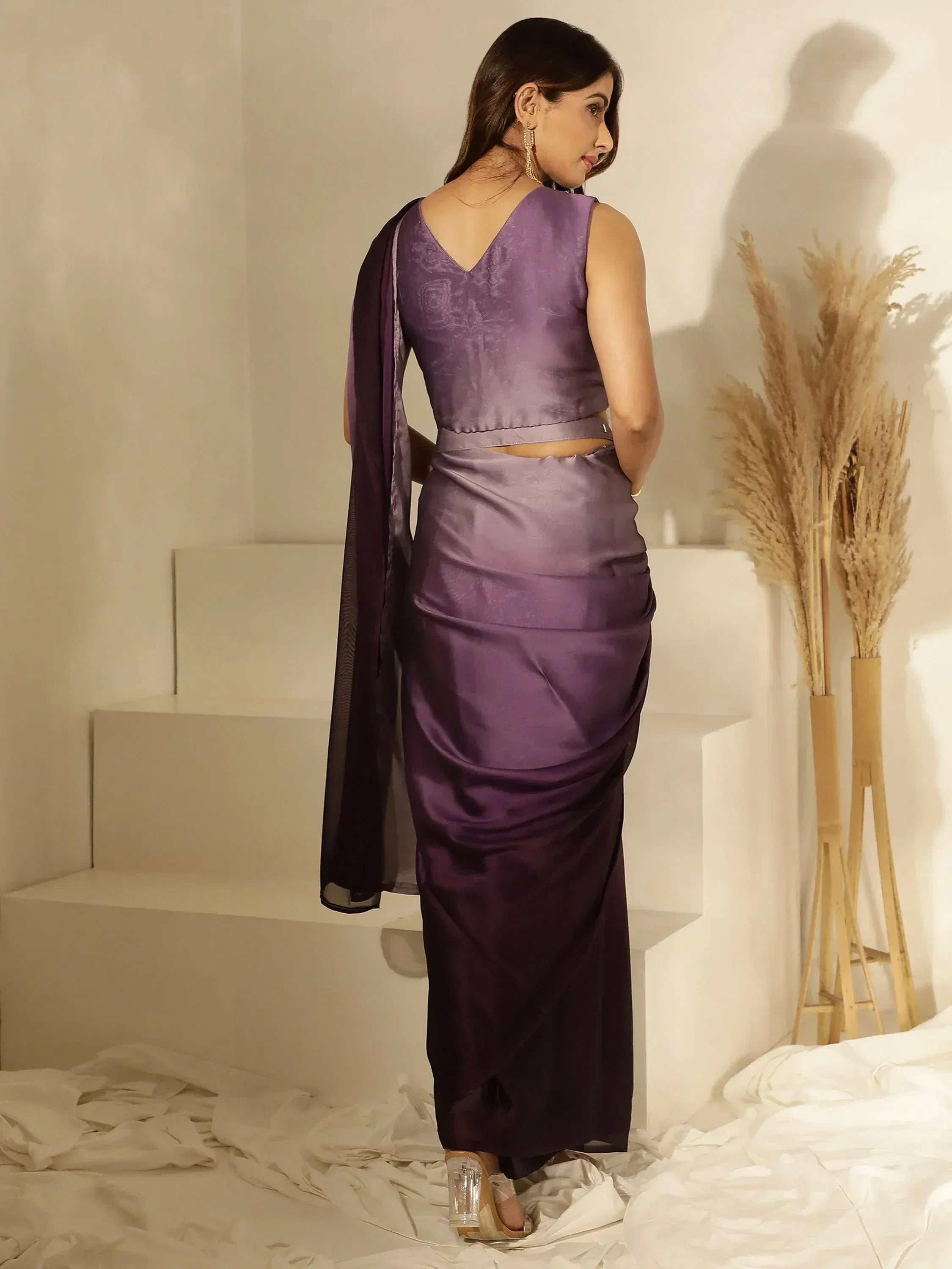 Purple satin saree with V-neck blouse, elegant Indian ethnic wear for women