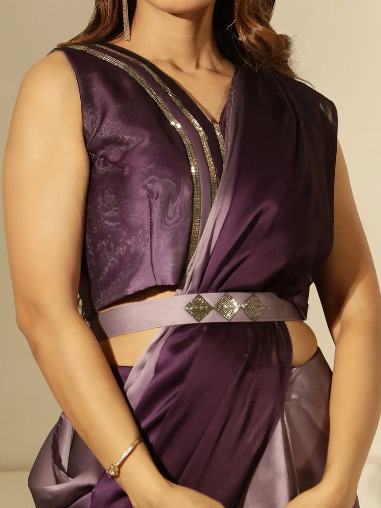 Attractive Purple Chinon Ready To Wear Saree With Blouse