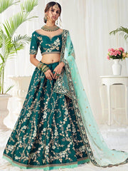 Dark Green Cording Mulberry Silk Bridal Wear Lehenga Choli