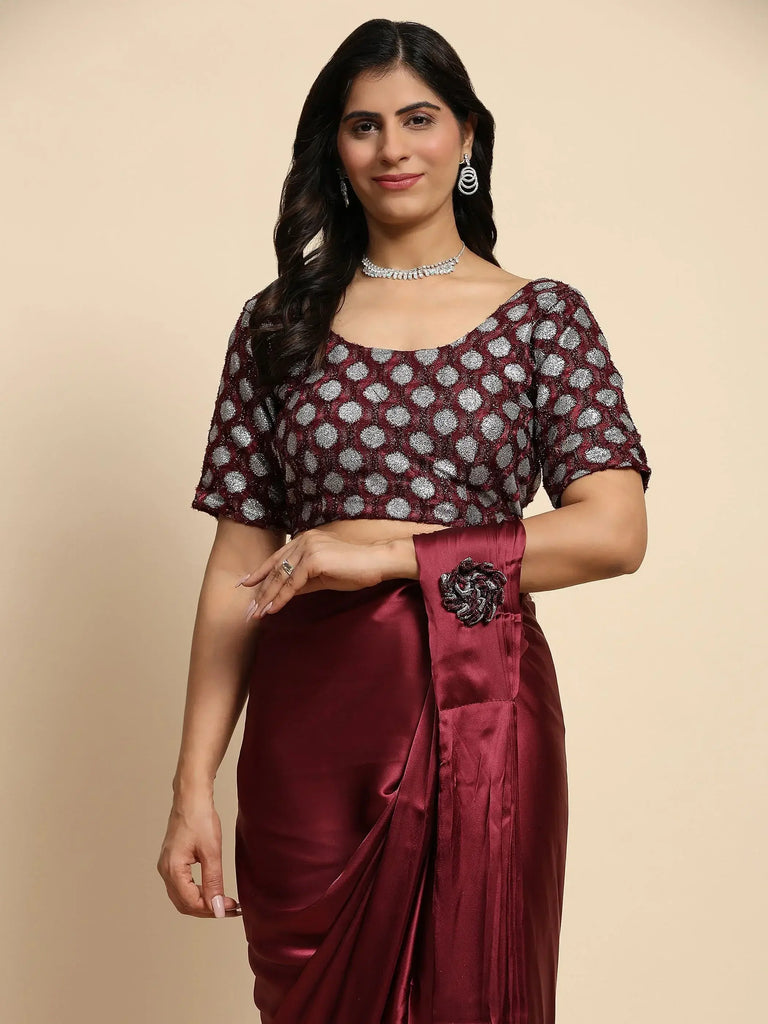 Captivating Maroon Satin Party Wear Readymade Saree With Blouse