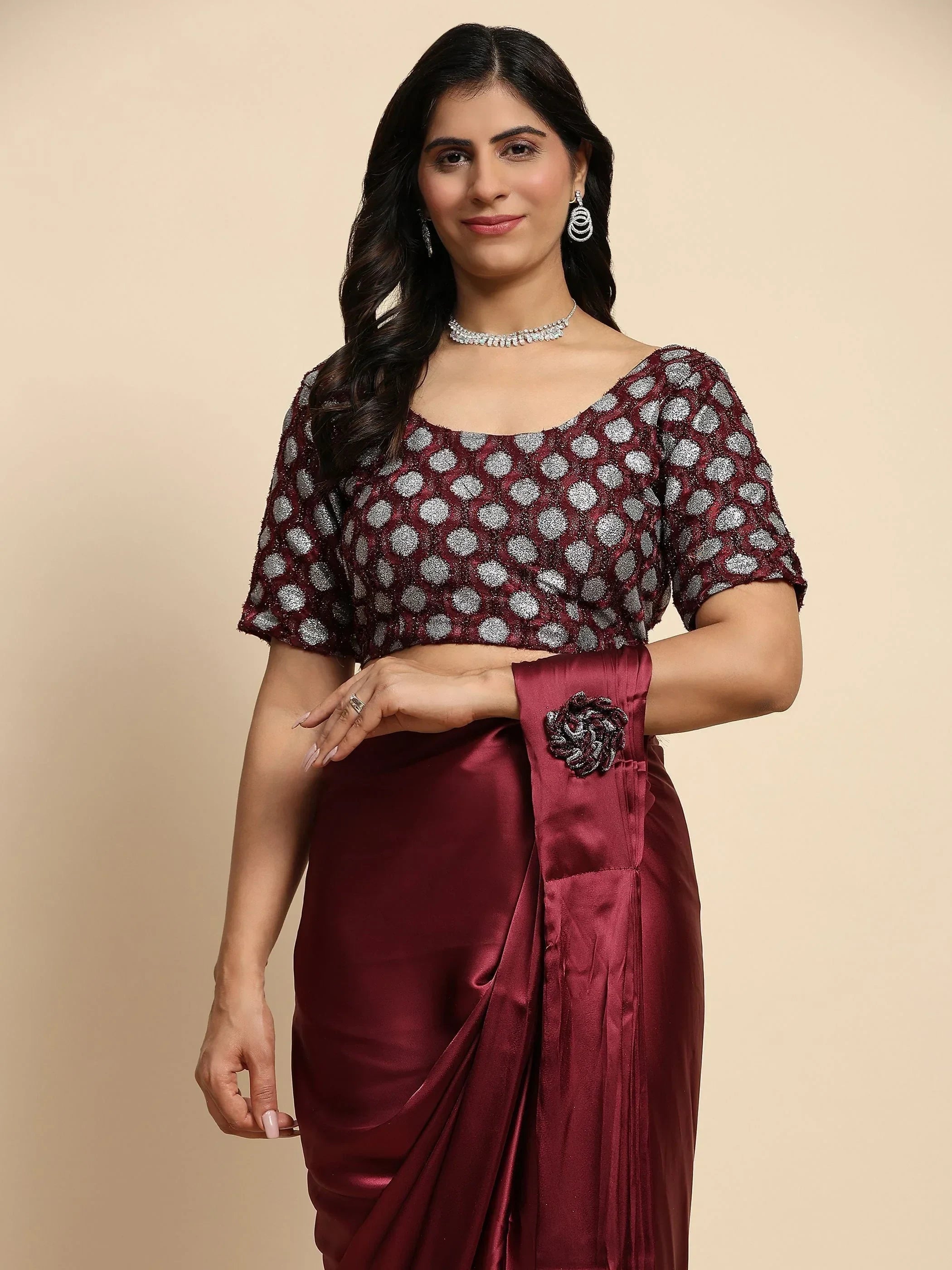 Captivating Maroon Satin Party Wear Readymade Saree With Blouse
