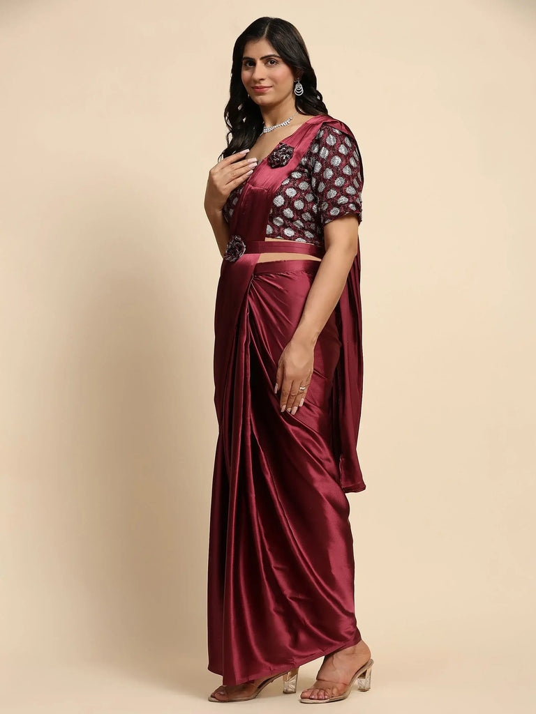 Captivating Maroon Satin Party Wear Readymade Saree With Blouse