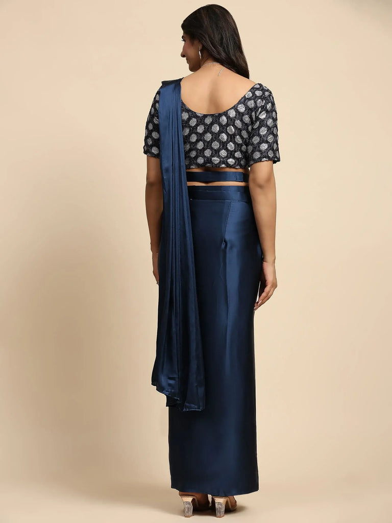 Fascinating Navy Blue Satin Designer Read To Wear Saree With Blouse
