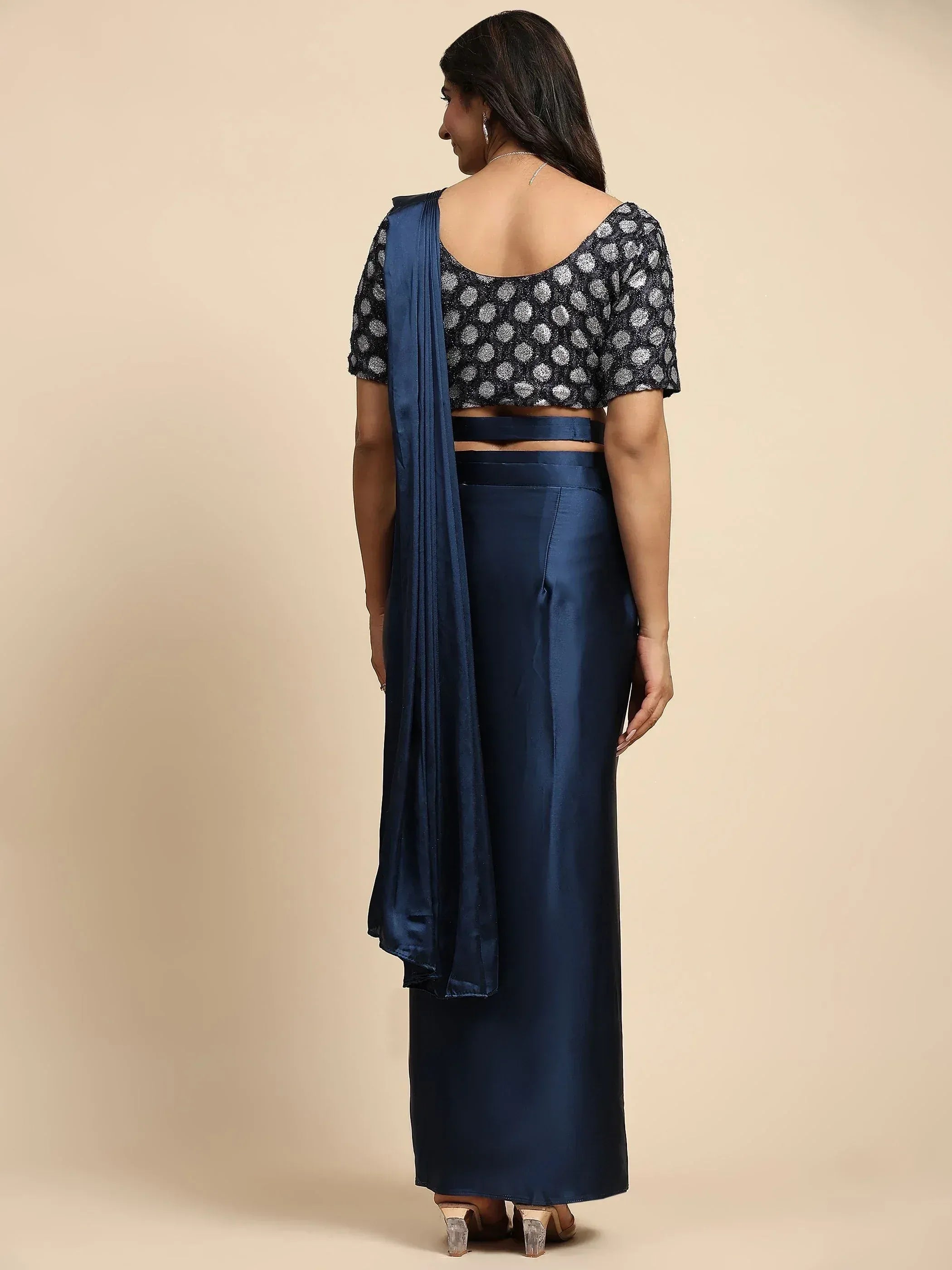 Navy blue satin palazzo with polka dot crop top and dupatta, Indian ethnic wear